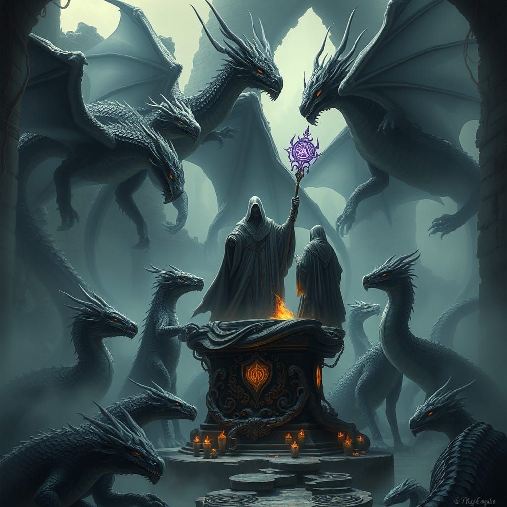 Majestic Dragons Gather Around a Powerful Wizard in a Dark F...
