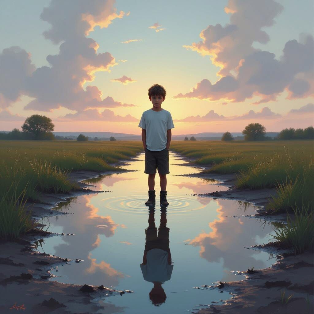 Boy and Mysterious Puddle, Impressionistic Style
