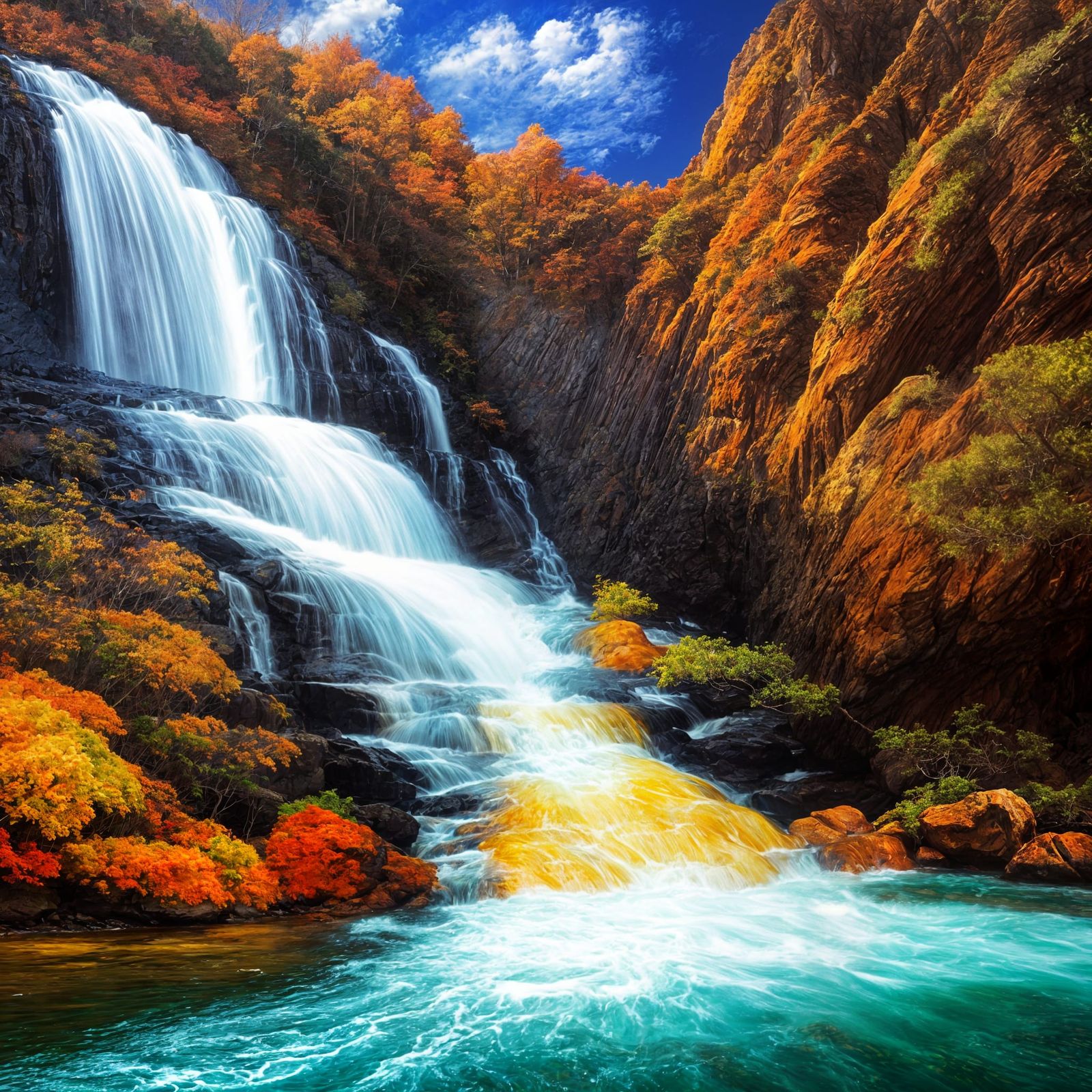 Golden Chrome Slide Descends Majestic Waterfall in Oil Paint...