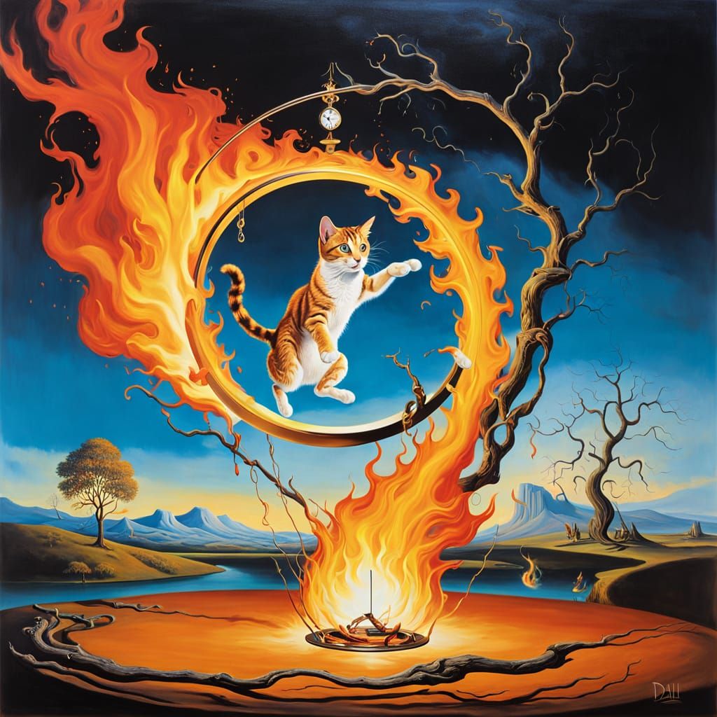 Surreal Cat Leaping Through Fiery Hoop by Dali