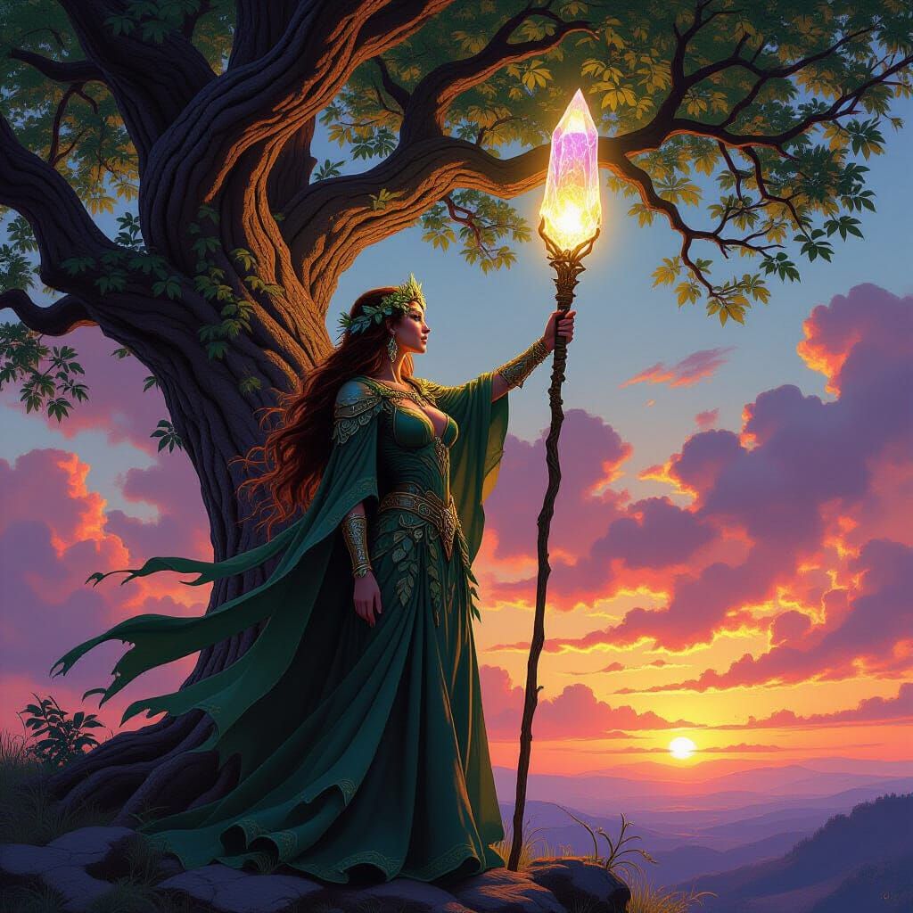 Druid Queen with Crystal Staff at Sunset