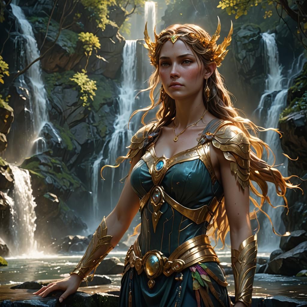 Ethereal Artemis by a waterfall
