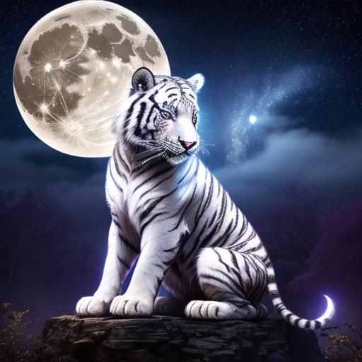 Steampunk White Tiger Under Starry Night Sky