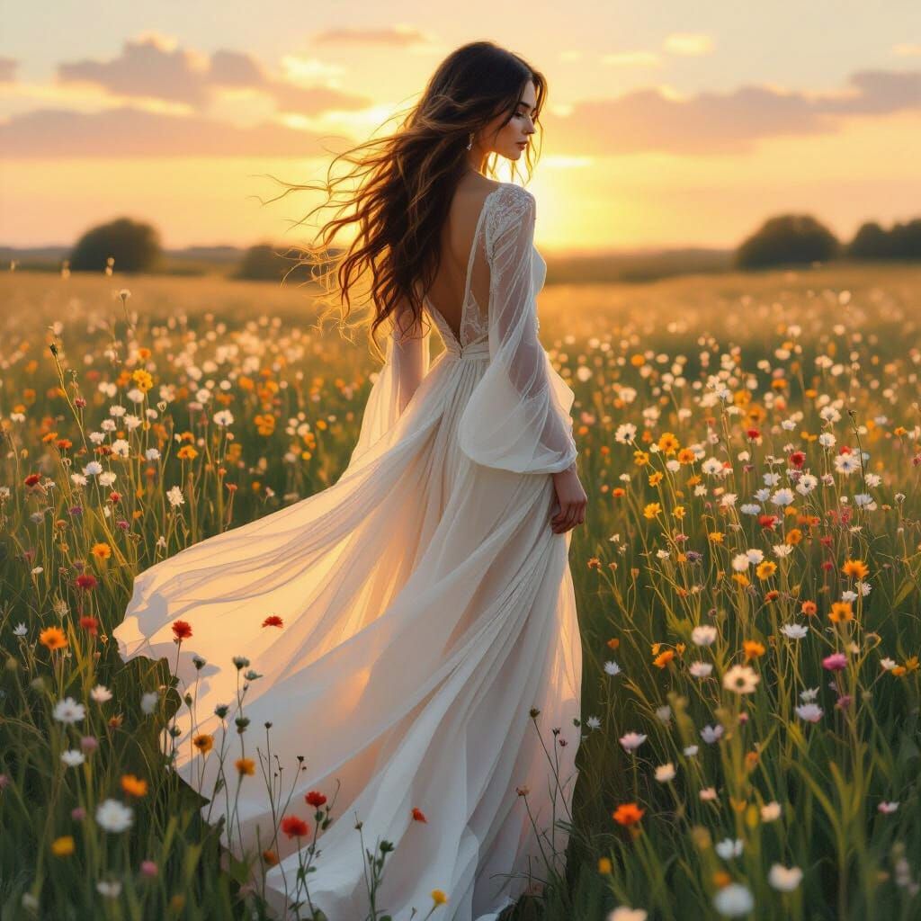 Woman in Flowing Gown at Sunrise