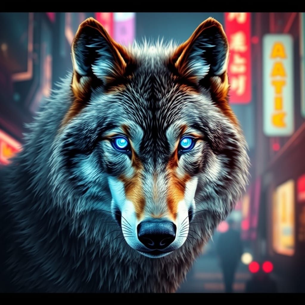 Cyberpunk Wolf Guardian in Neon Cityscape