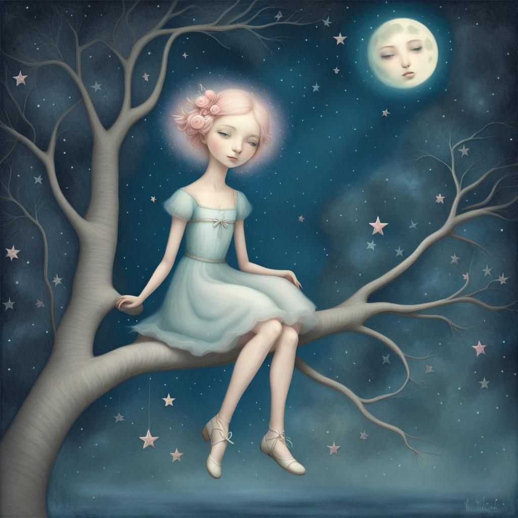 Girl Under Moonlit Stars in Whimsical Style