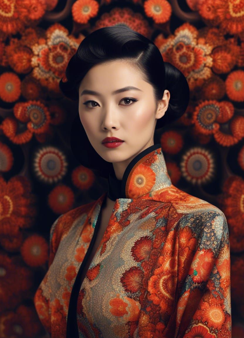 Chinese Model in Fractal Fashion, Vintage Poster Style