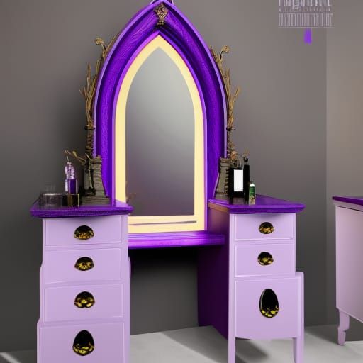 Ethereal Vibrant purple gothic vanity table with huge gothic mirror with cobalt blue accents& good craftsmanship vibes& ...