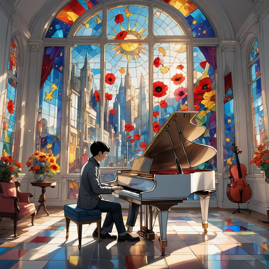 Stained Glass City: Asian Man at White Grand Piano