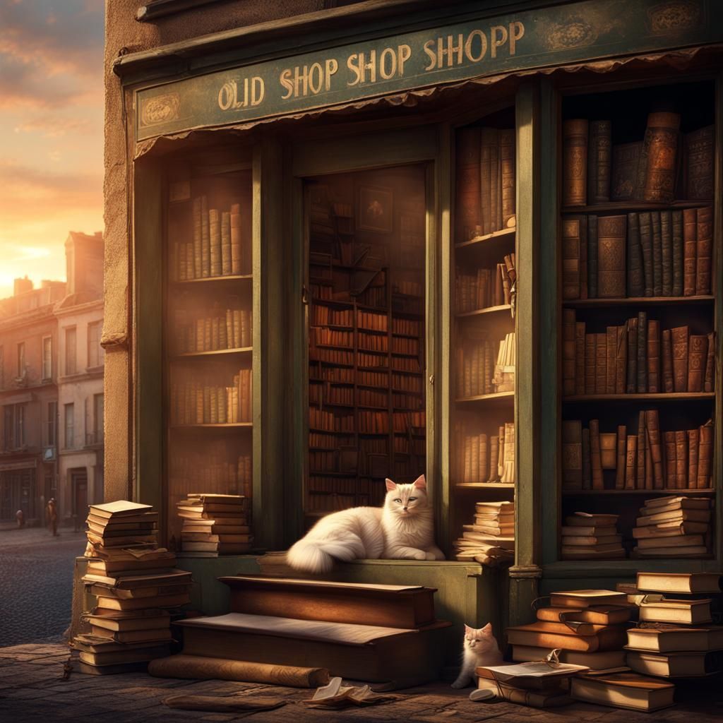 Cat Nap in Dusty Bookshop Window at Sunset