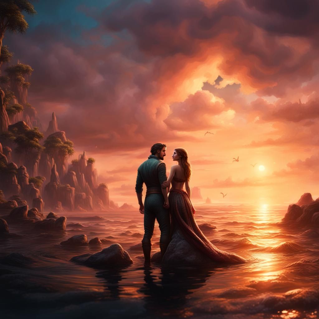 Mermaid Transformation Watched from Shore: Fantasy Art