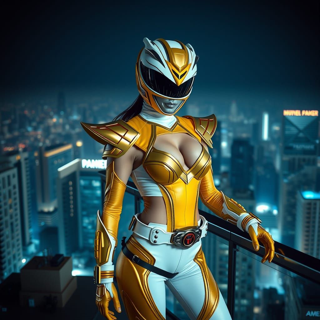Powerful Female Power Ranger on Skyscraper Balcony