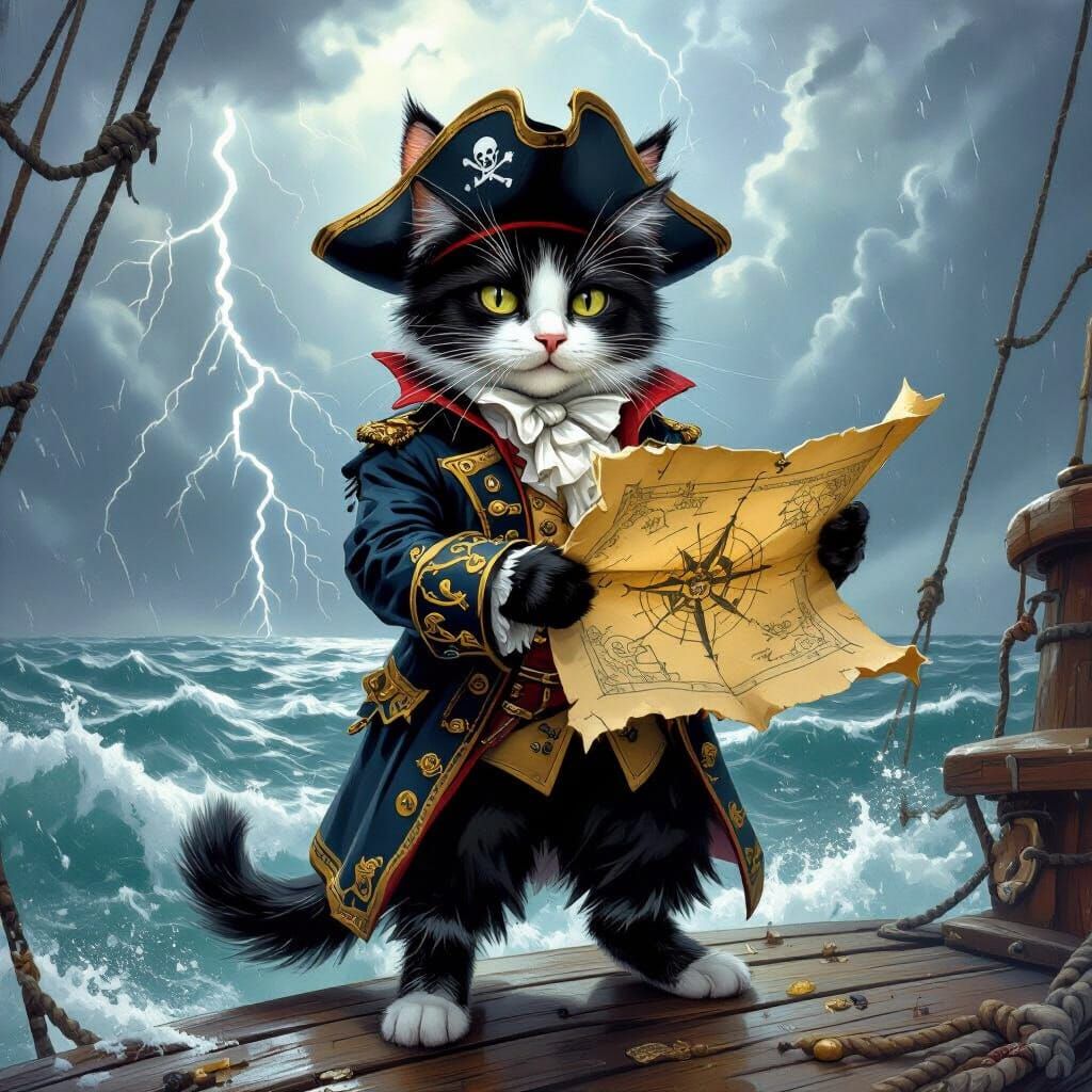 Pirate Cat on Stormy Seas, Fantasy Art