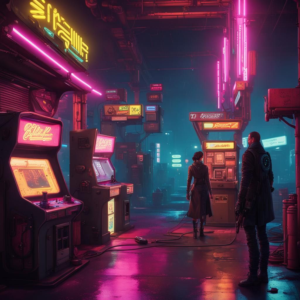 Cyberpunk Arcade Scene with Steampunk Gas Station