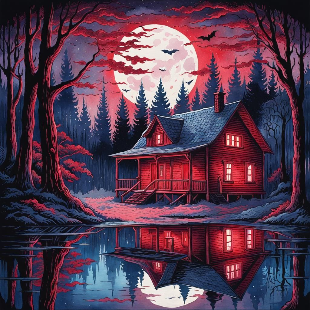 Mysterious Cabin Mirrored in Surreal Watercolor