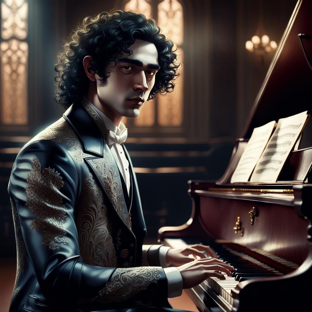 Young Man Plays Piano in Dramatic Fantasy Art