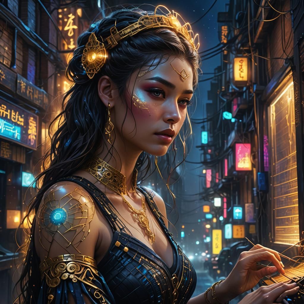 Goddess of Beauty Weaves in Cyberpunk Alleyway