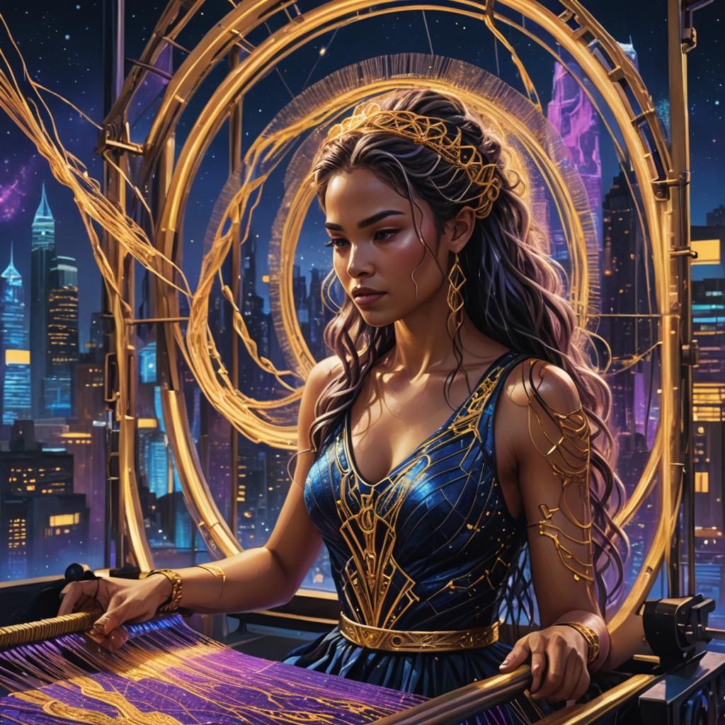 Goddess Weaving in Neon Cityscape: Hyper-Realistic Concept A...