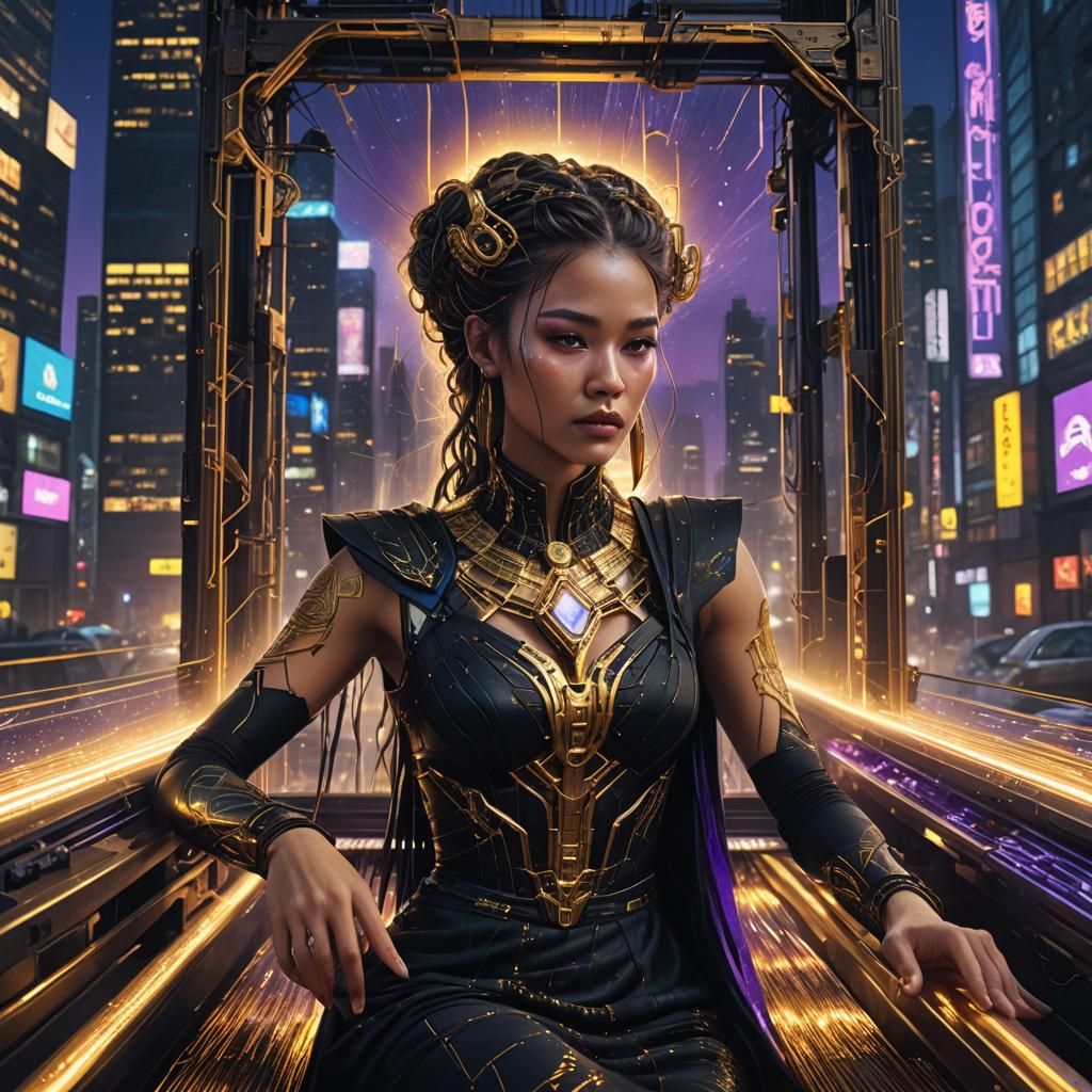 Goddess Weaving in Cyberpunk Cityscape