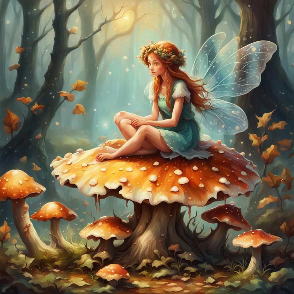 Fairy on Mushroom in Whimsical Oil Painting