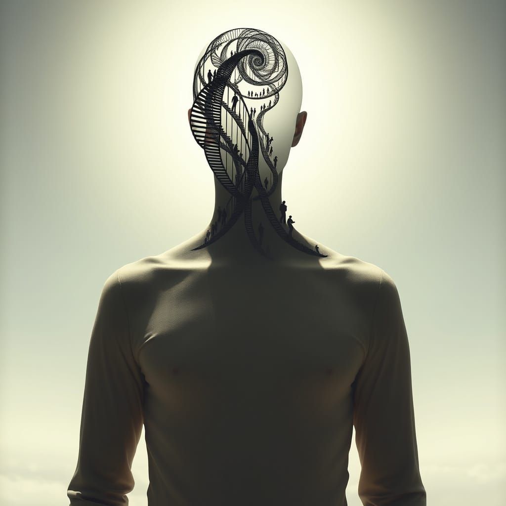 Surreal Staircase Figure in Monochromatic Style