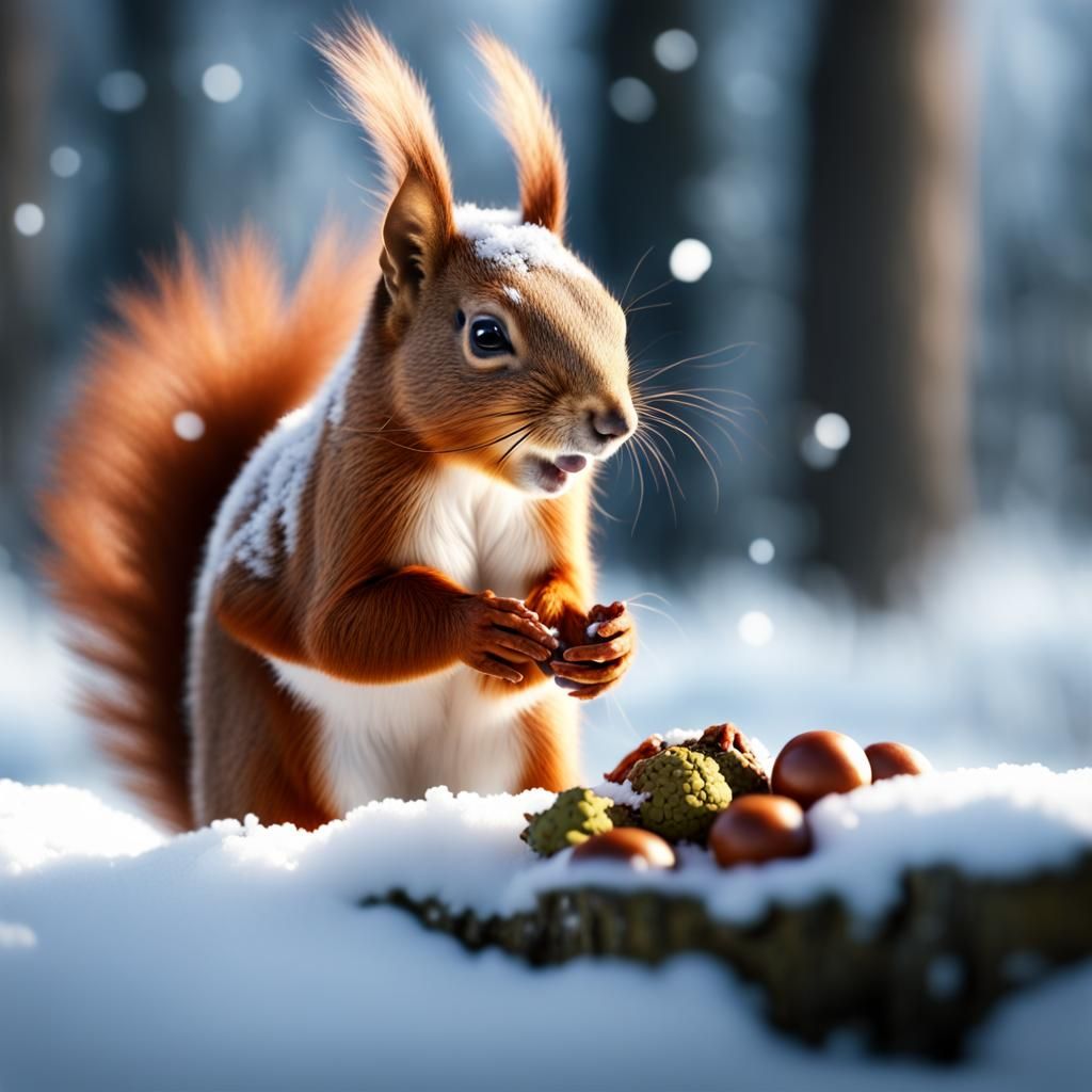 Red Squirrel Portrait in Snow, Detailed Matte Painting