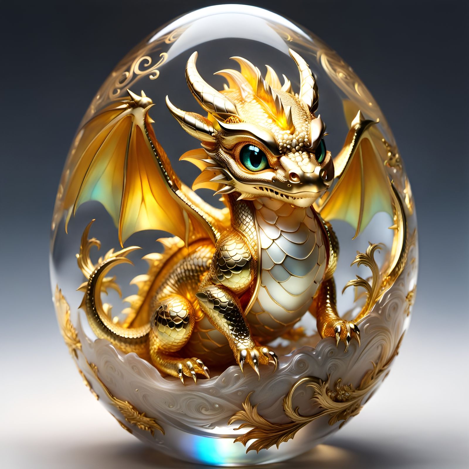 Golden Chibi Dragon in Transparent Egg