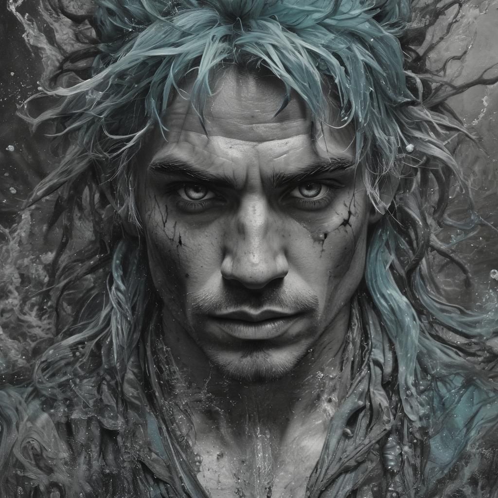 Mysterious Water Genasi Wizard in Charcoal Drawing Style