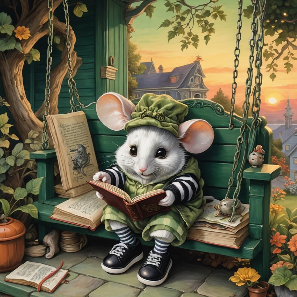 Fluffy Mouse Reads on a Porch Swing