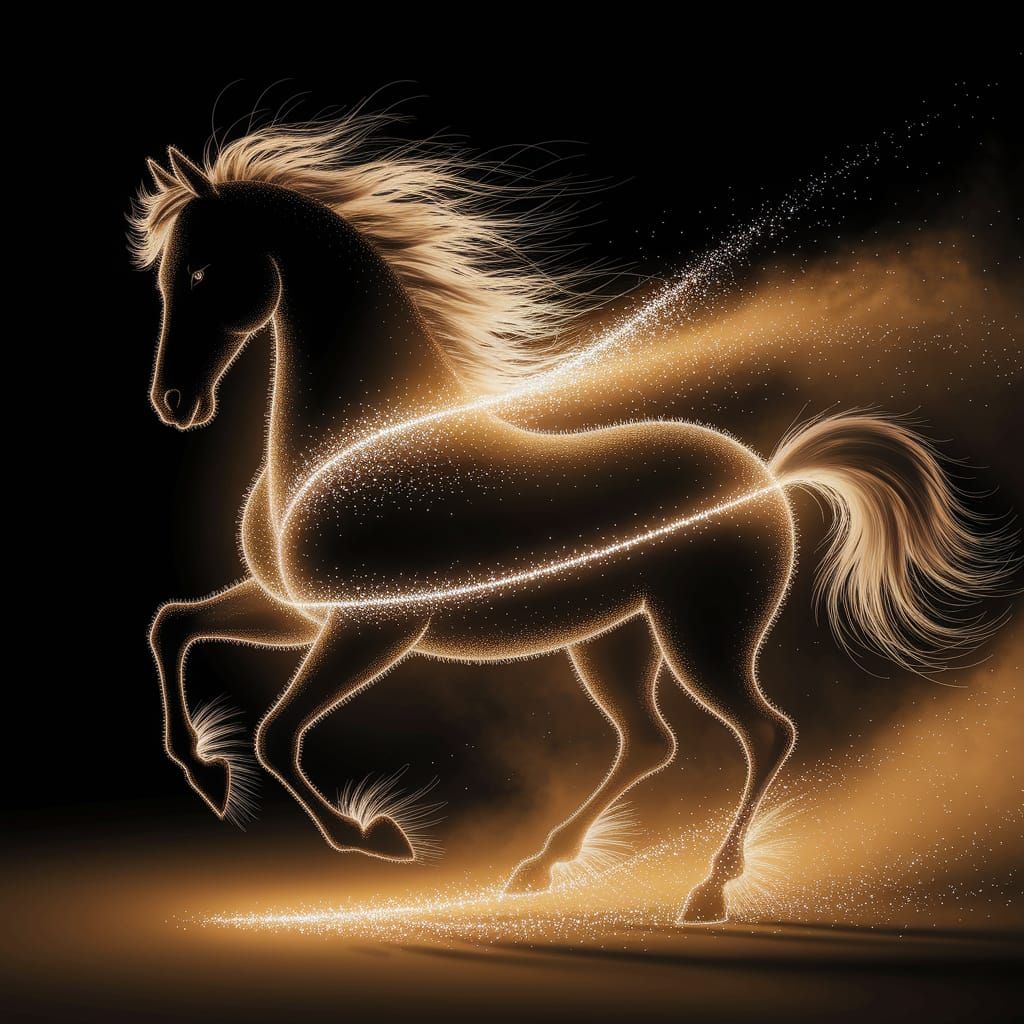 Golden Dust Horse Silhouette with Ethereal Light Trails