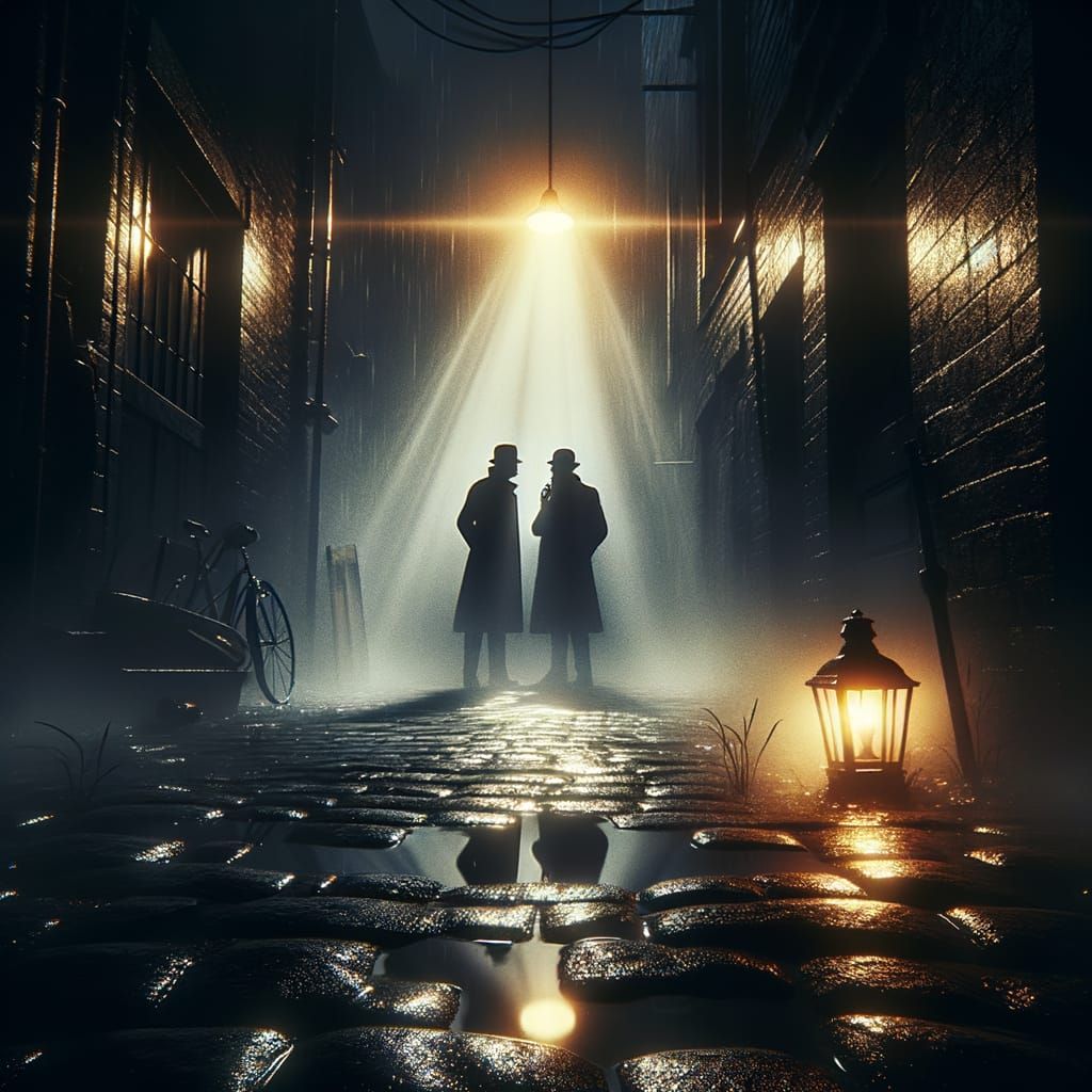 Eerie Alleyway Scene at Night with Enigmatic Figures