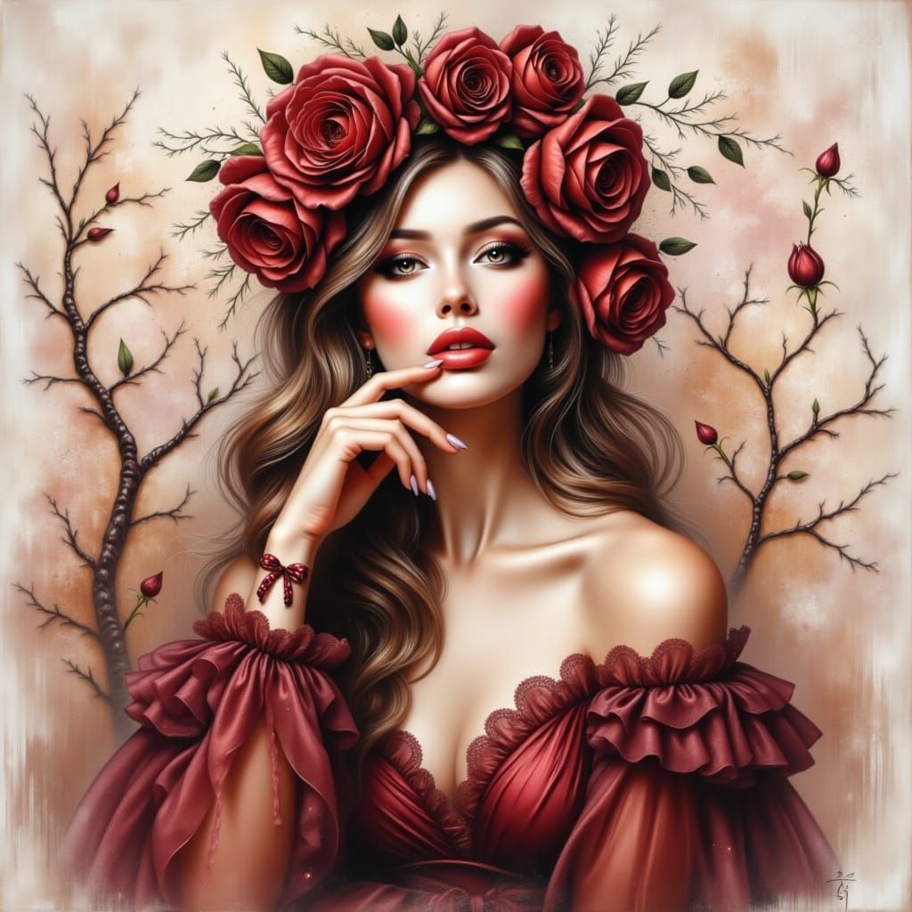 Ethereal Watercolor Portrait of a Woman in Burgundy Velvet