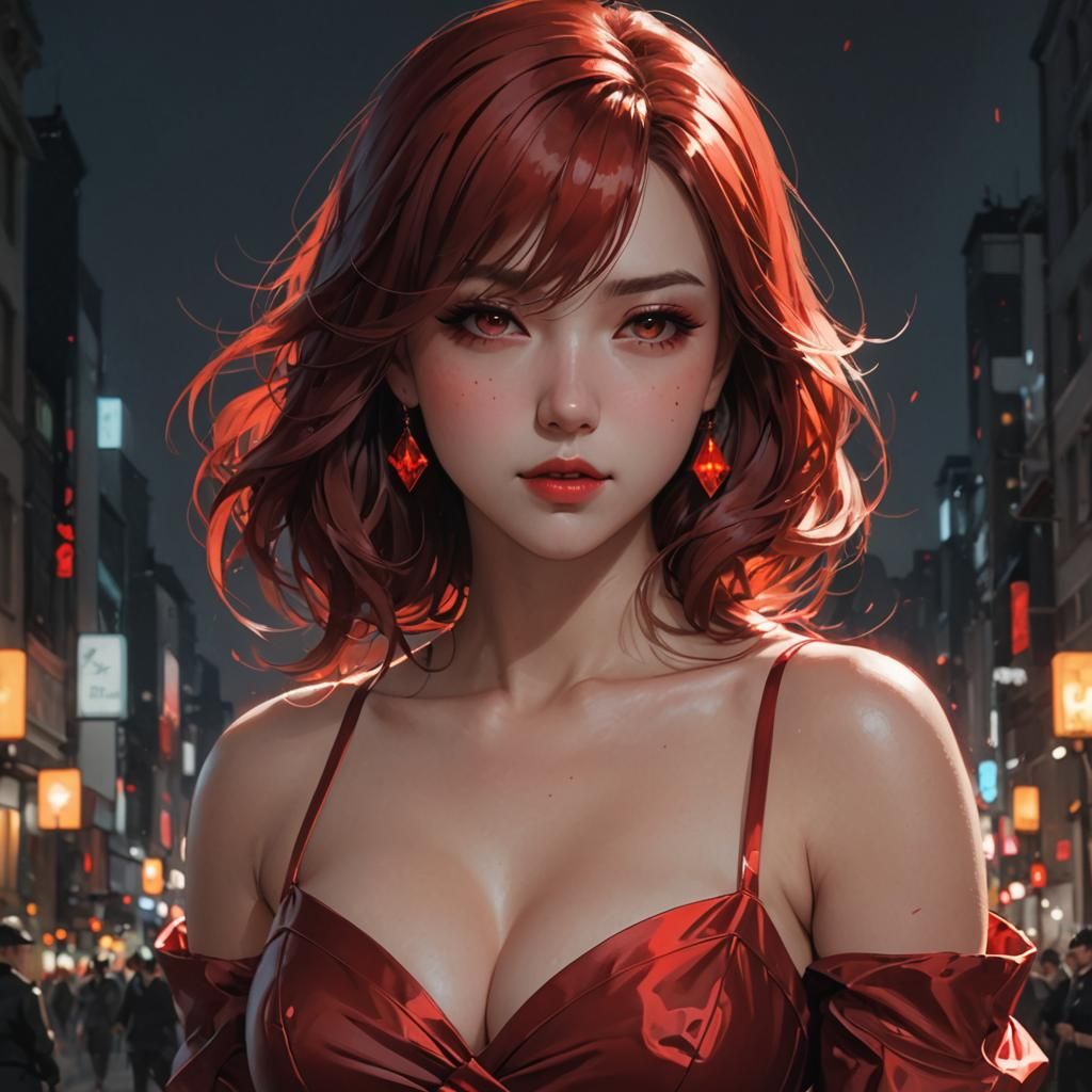 Anime Girl in Red Dress, Digital Art Style