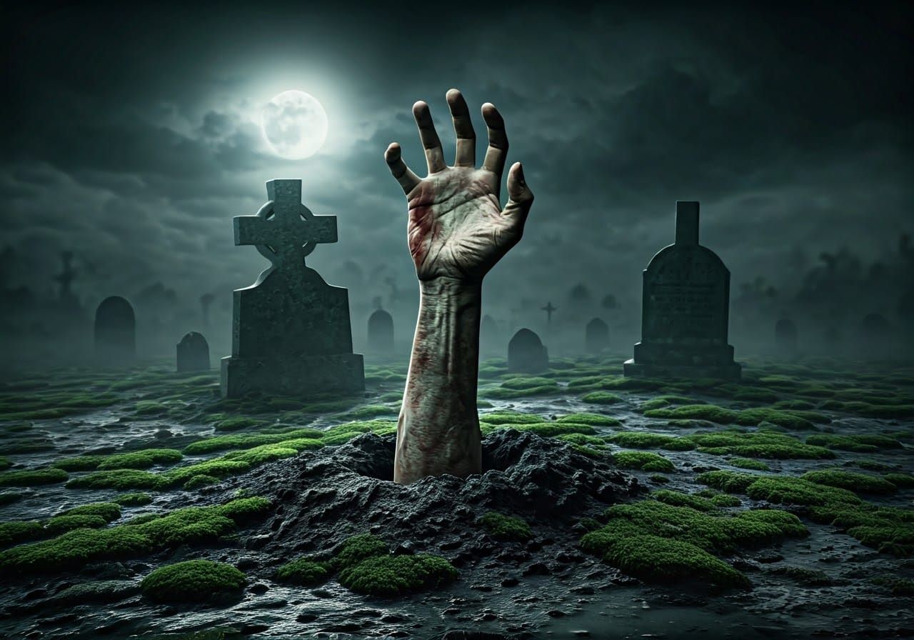 Decrepit Zombie Hand Emerges from Graveyard