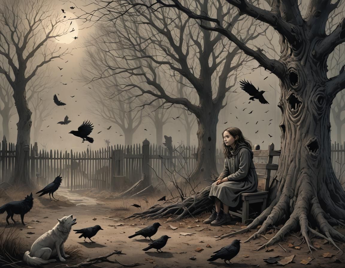 Eerie Scene of Spectre, Girl, and Wolf