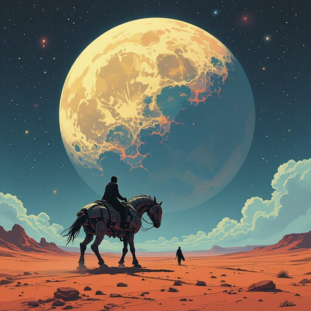 Cosmic Traveler on Mechanical Steed Under Alien Moon