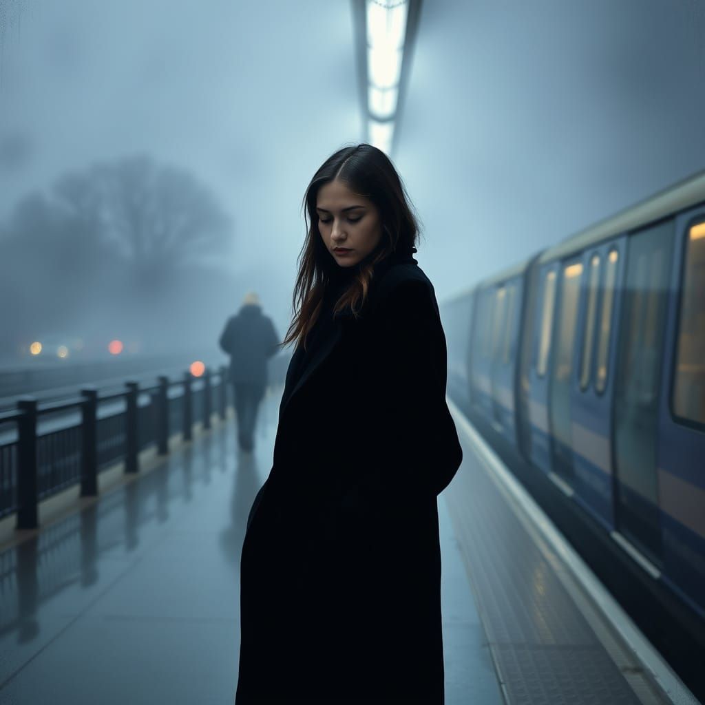Young Woman Lost in Thought on a Parisian Metro Platform