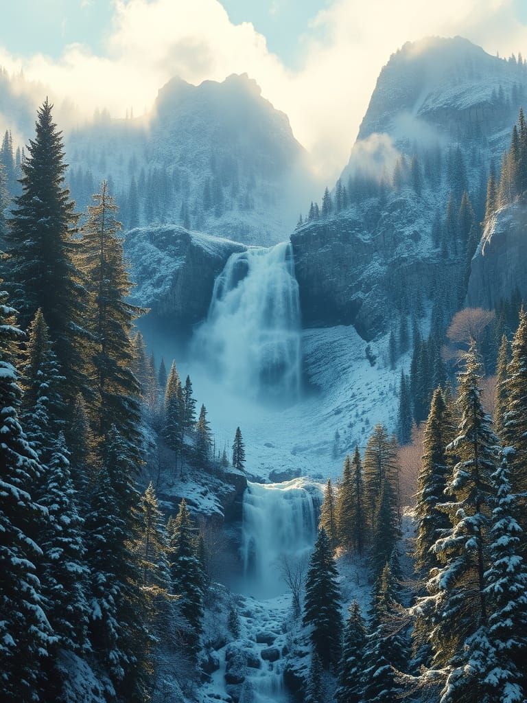 Vibrant Snowy Waterfall Scene in Neo-Impressionist Style