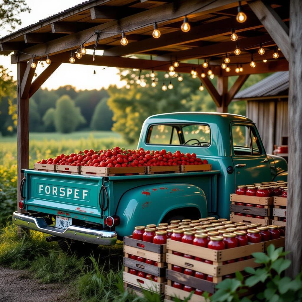 Vintage Teal Truck at Farmstand with Fairy Lights