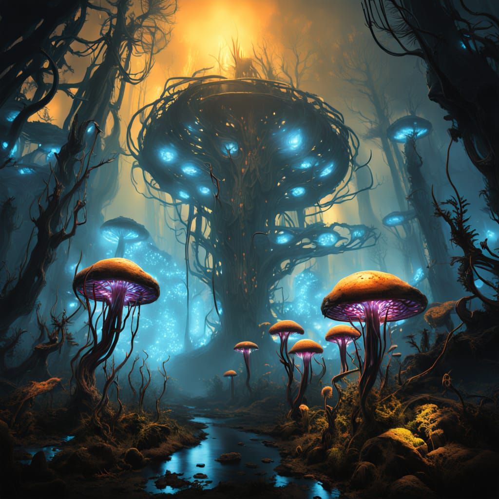 Cyberpunk Bio-Organism Emerges from Misty Forest