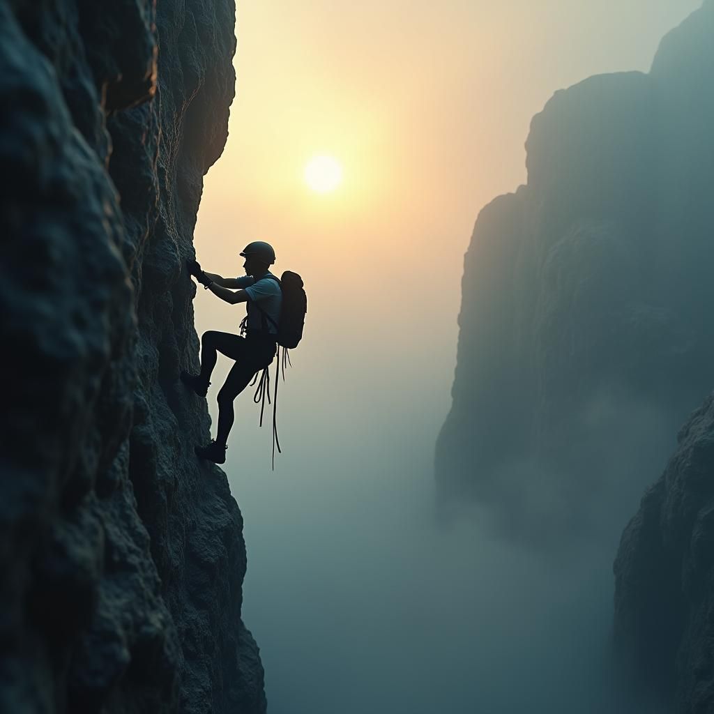 Athlete Climbing Rock Face at Misty Dawn