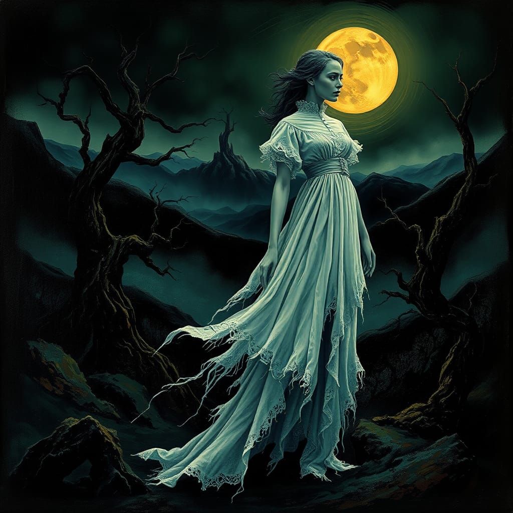 Ghostly Woman in Eerie Landscape, Dark Romanticism