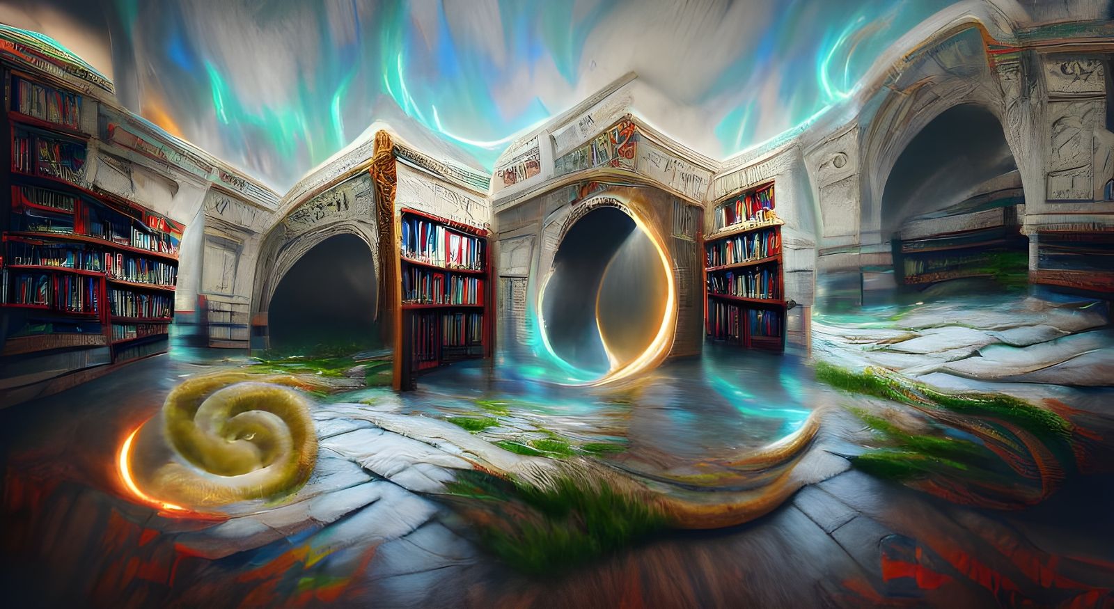 Arcane Portal in Wizard's Library: Detailed Digital Painting