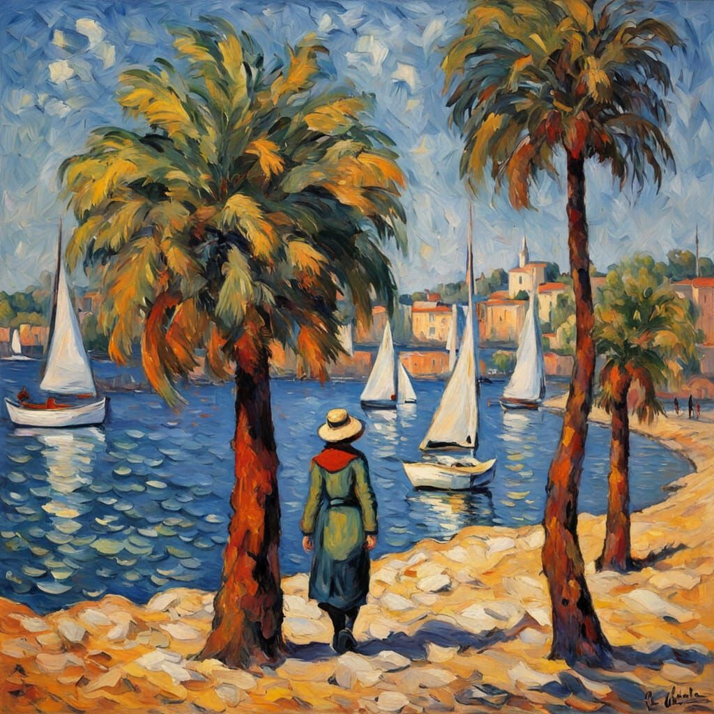 Vibrant Beach Scene in Neo-Impressionist Style
