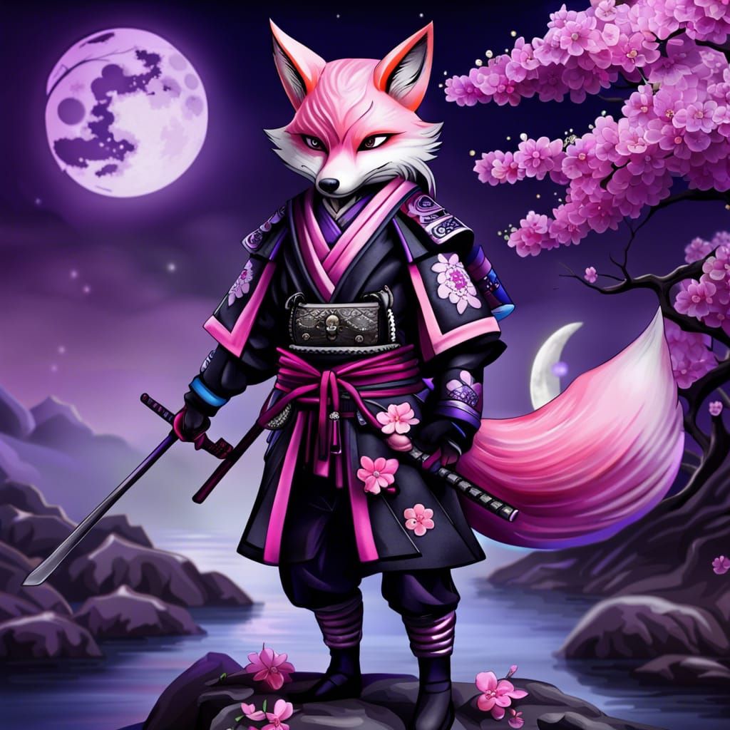 Samurai Fox with Katana and Kitsune Mask