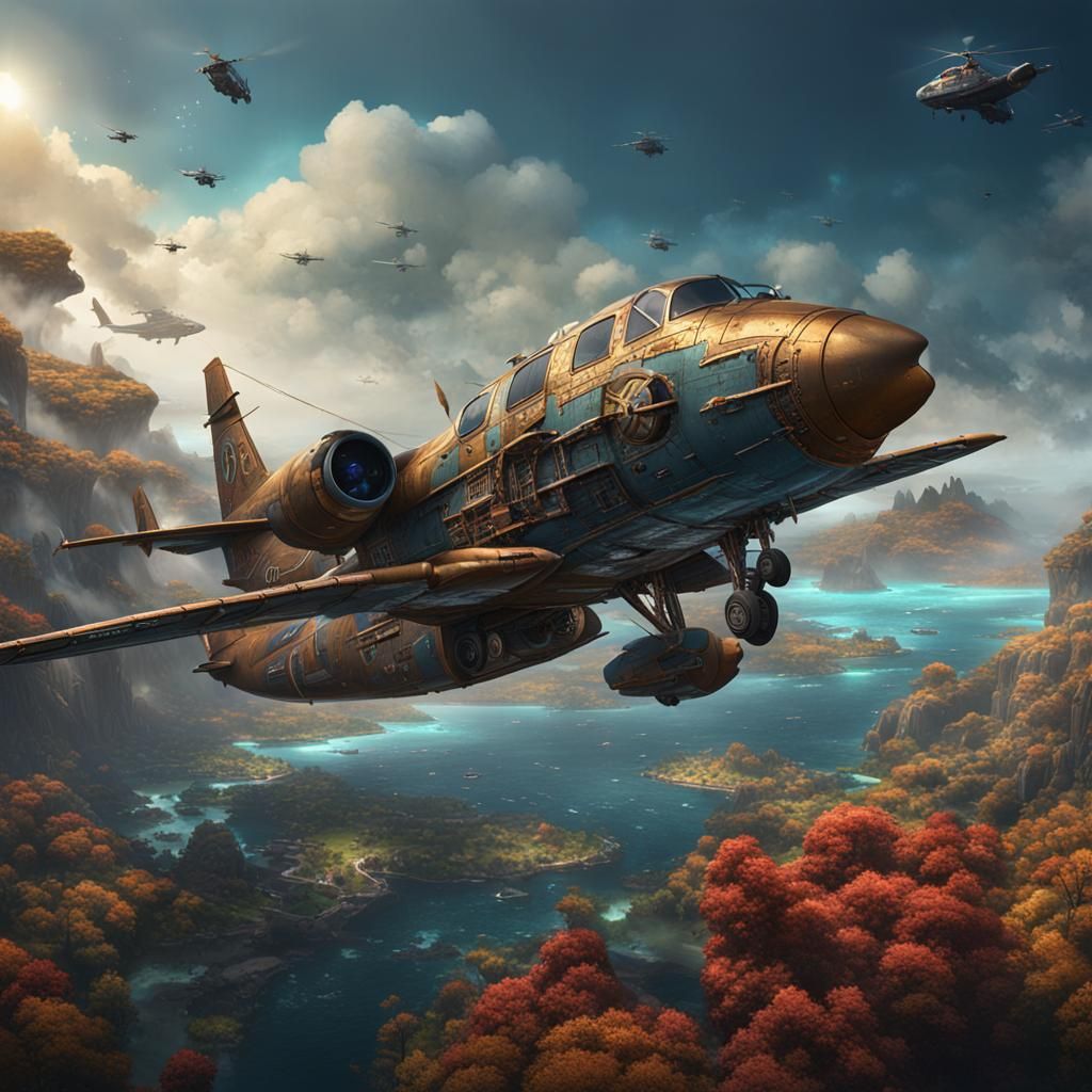 Shark Airplane in Flight: Detailed Matte Painting