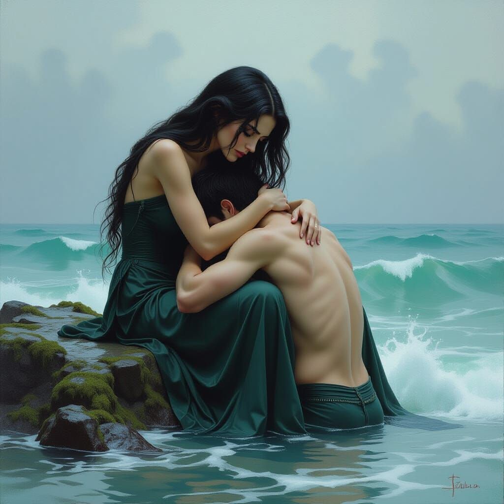 Siren's Lament: A Mythological Scene in Pre-Raphaelite Style