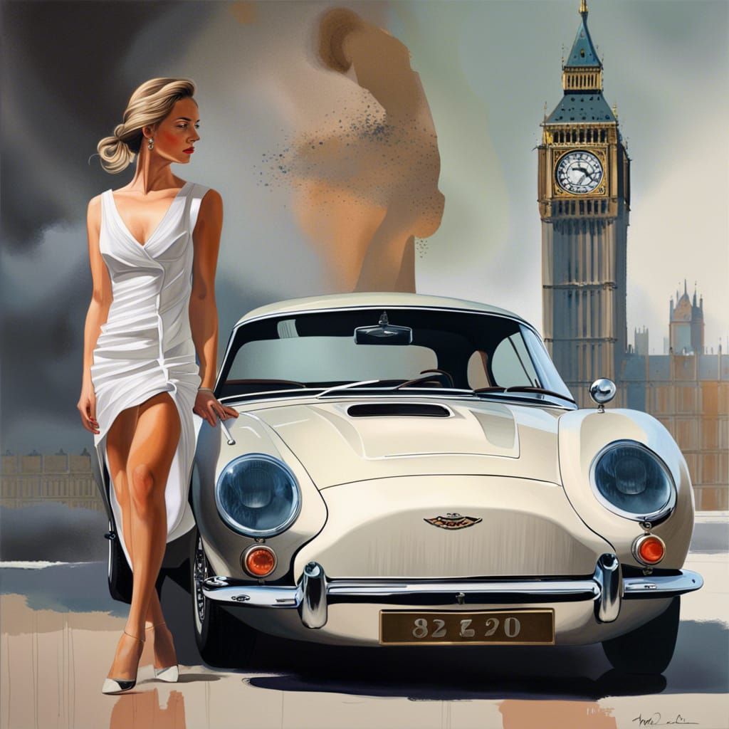 Aston Martin with Woman, Neoclassical Style Painting