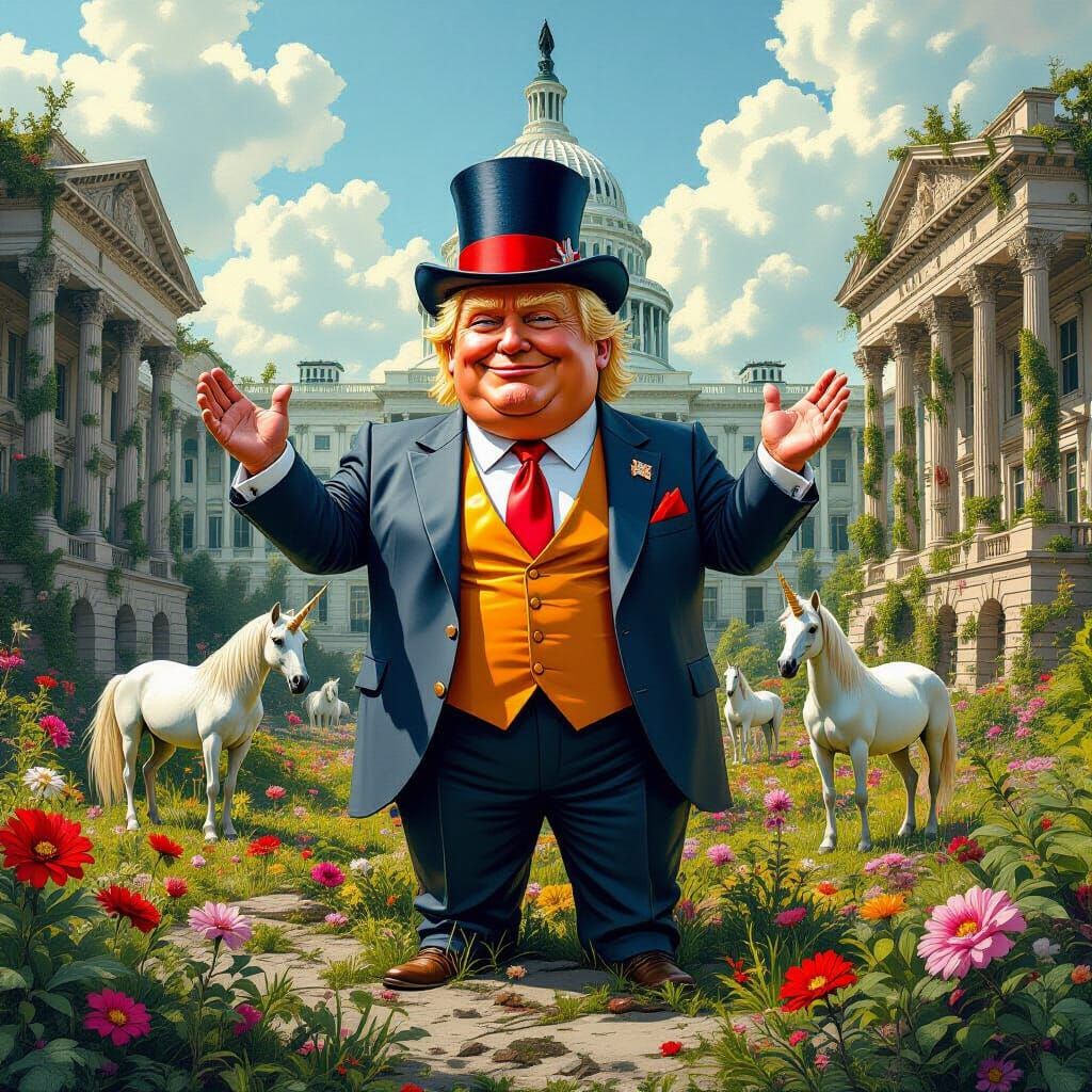 Surreal Ruins: Trump with Unicorns, Hyperrealistic Style