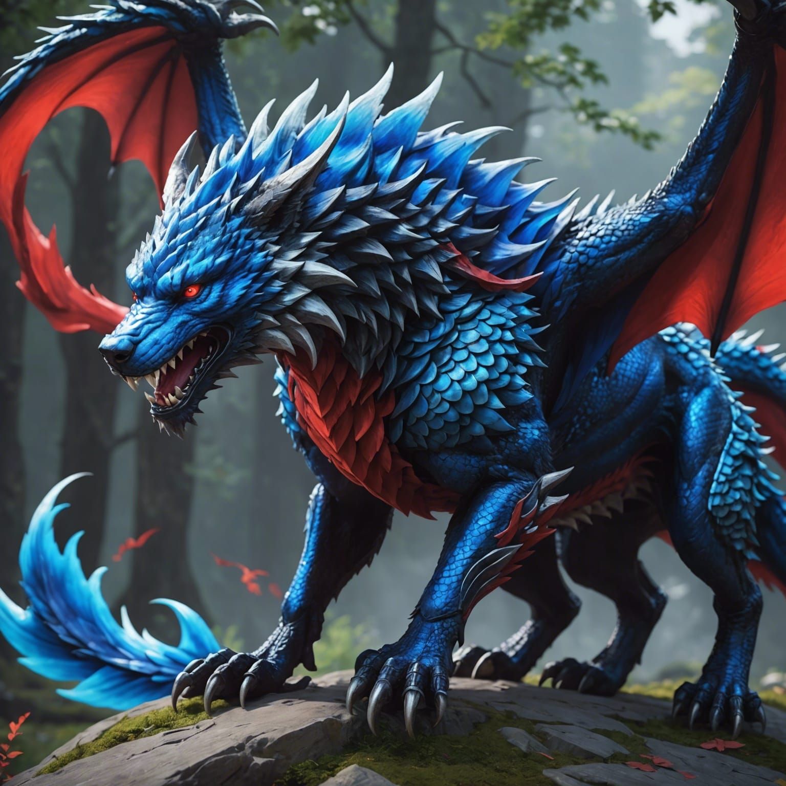 Wolf Red and blue dragon